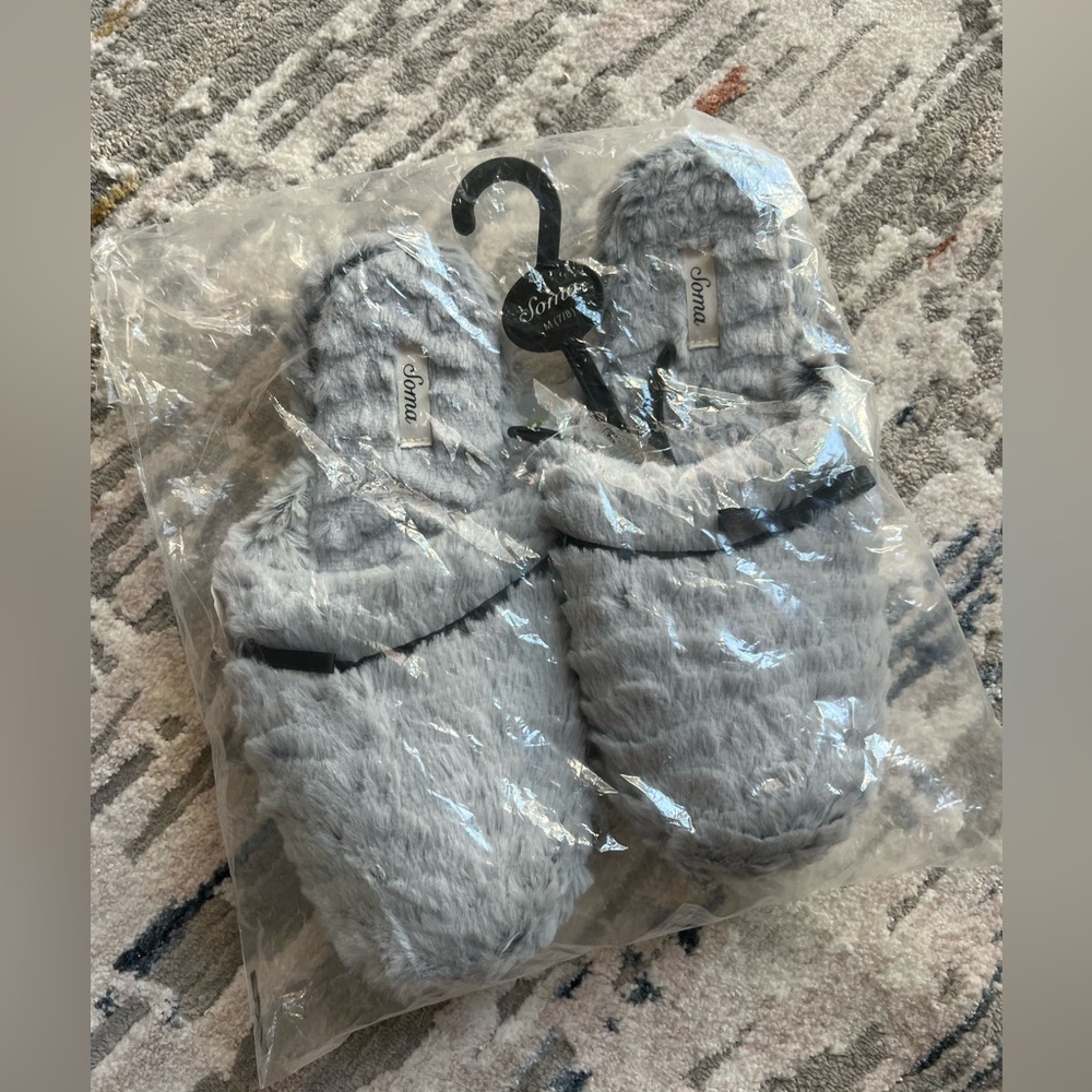 Soma Gray Fluffy Slides House Slippers Slides with Bow Detail